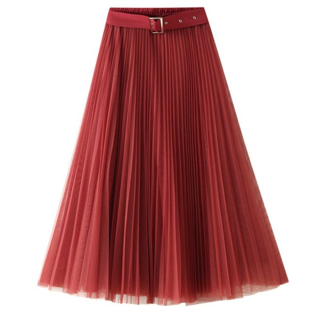 Red Pleated A- Line Midi Skirt
